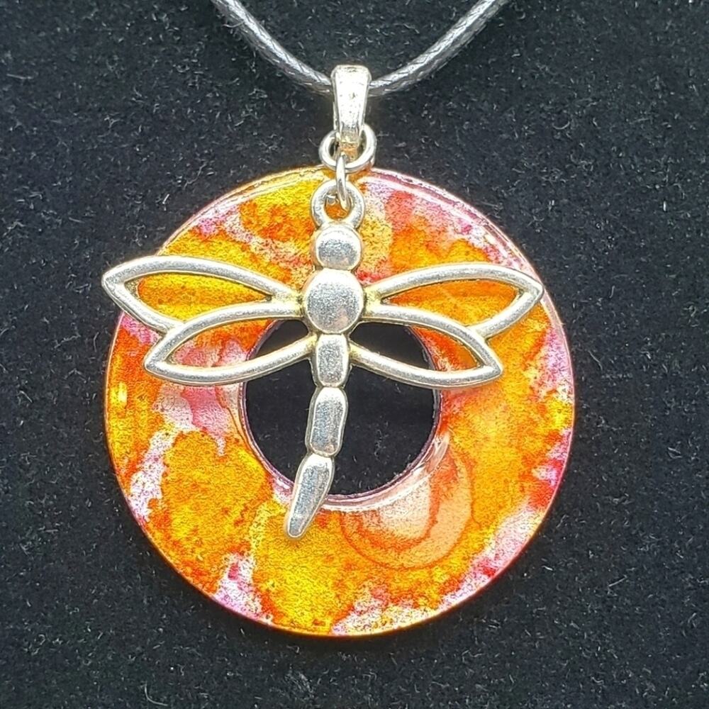 Dragonfly Charm on Painted Pendant